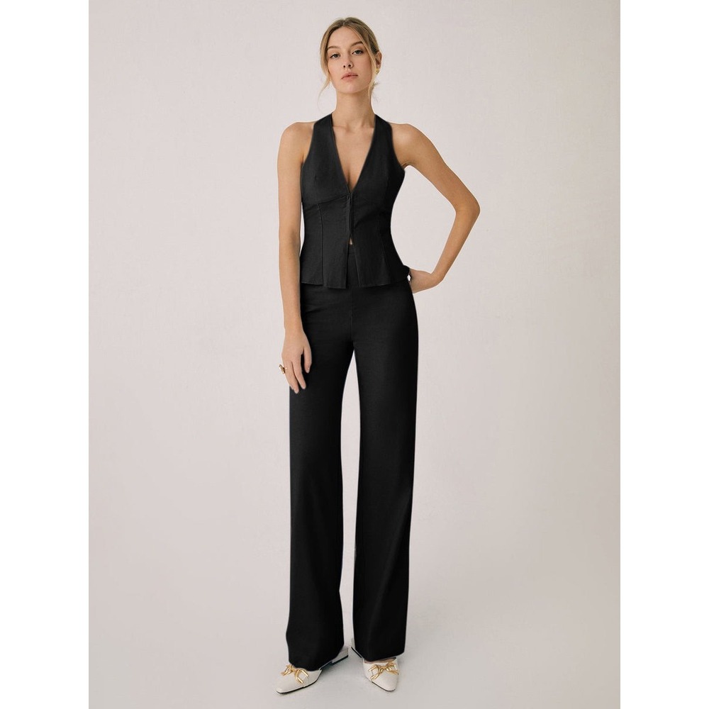 Commense Cotton & Linen Black Halter Vest and Wide Leg Pants Set  size XS